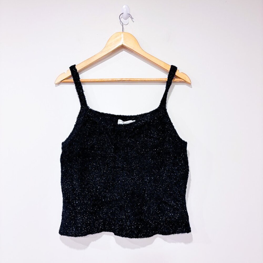 BEECHERS BROOK – Vintage Black Sparkly Fuzzy Camisole | Y2K Glam Tank | Large‎ *